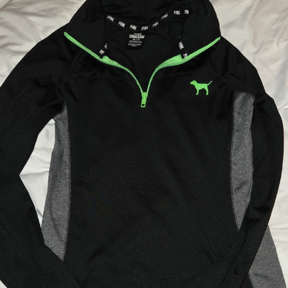 PINK Black and Gray Quarter-Zip Pullover with Green Accents